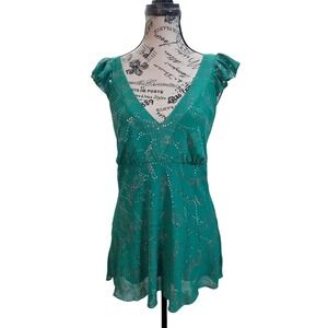 Vanity Y2K Fairycore Mini Dress  Or Top M Teal Green Silver Glitter Sequin